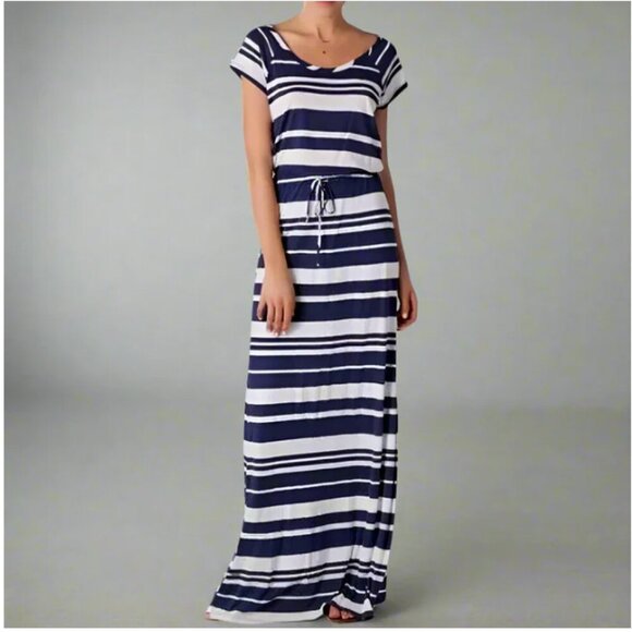 Splendid Maxi Dress Large Blue White Stripe Short Sleeve Scoop Neck Column - Picture 1 of 7